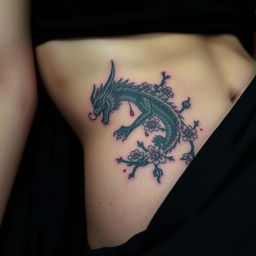 A close-up of a woman's bare stomach and side, featuring a detailed tattoo of a bleeding dragon surrounded by flowers and thorns