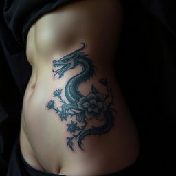 A close-up of a woman's bare stomach and side, featuring a detailed tattoo of a bleeding dragon surrounded by flowers and thorns