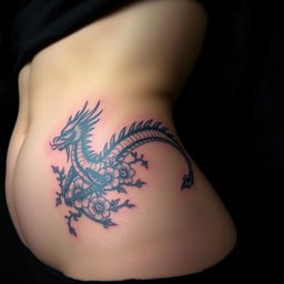 A close-up of a woman's bare stomach and side, featuring a detailed tattoo of a bleeding dragon surrounded by flowers and thorns