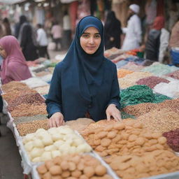 A modest woman wearing a hijab selling various items in a bustling market