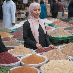 A modest woman wearing a hijab selling various items in a bustling market