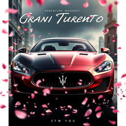 A movie poster showcasing a Maserati Gran Turismo with a stunning half black and half rose gold pink paint job