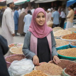 A modest woman wearing a hijab selling various items in a bustling market