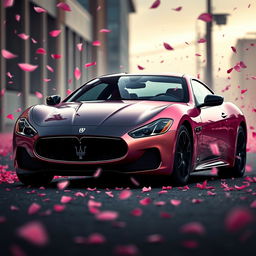 A movie poster showcasing a Maserati Gran Turismo with a stunning half black and half rose gold pink paint job