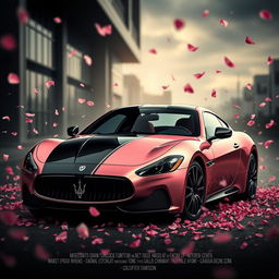 A movie poster showcasing a Maserati Gran Turismo with a stunning half black and half rose gold pink paint job