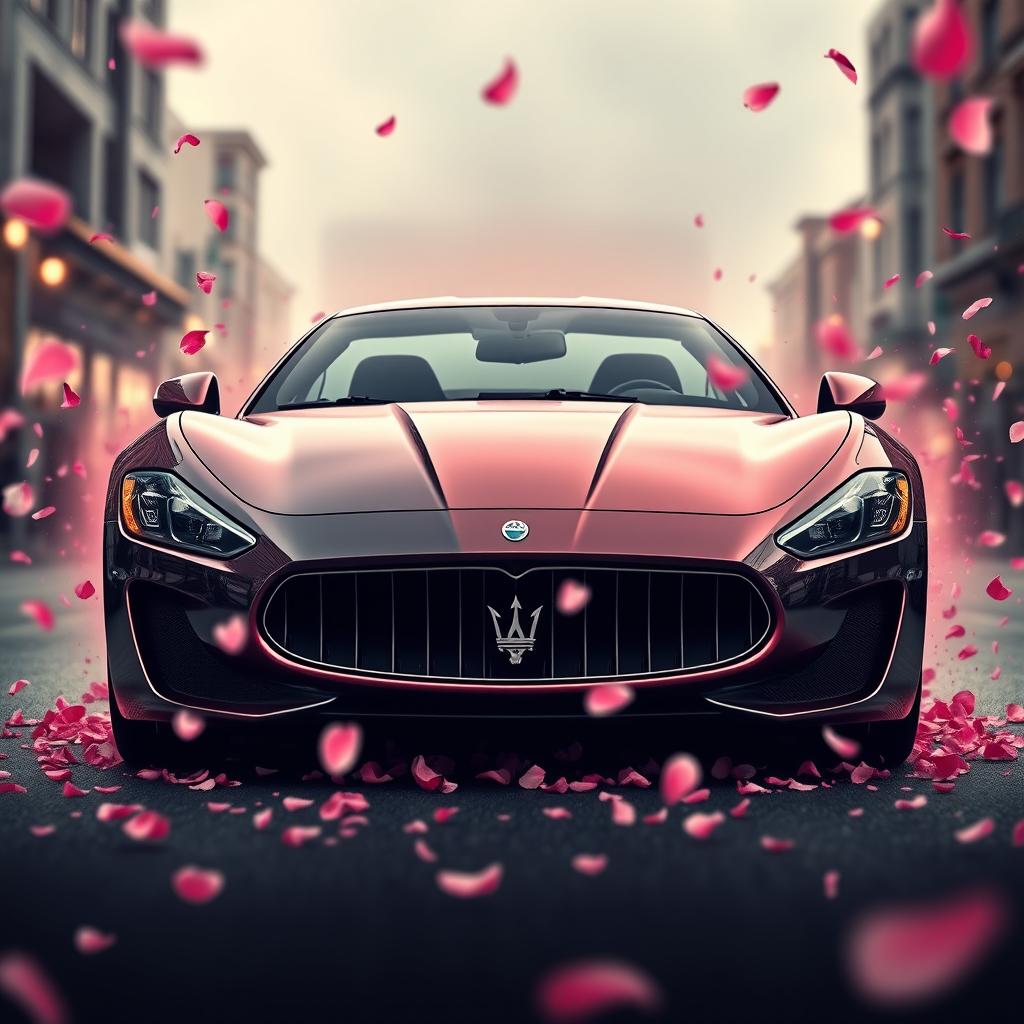 A movie poster showcasing a Maserati Gran Turismo with a stunning half black and half rose gold pink paint job