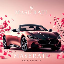 A cinematic movie poster featuring a Maserati Gran Turismo, skillfully designed with a striking half-black and half rose-gold pink finish