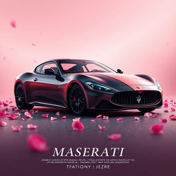 A cinematic movie poster featuring a Maserati Gran Turismo, skillfully designed with a striking half-black and half rose-gold pink finish