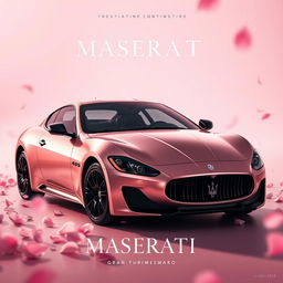 A cinematic movie poster featuring a Maserati Gran Turismo, skillfully designed with a striking half-black and half rose-gold pink finish