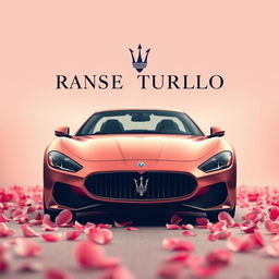 A cinematic movie poster featuring a Maserati Gran Turismo, skillfully designed with a striking half-black and half rose-gold pink finish