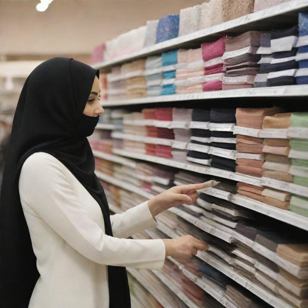 A hijab-wearing woman shopping for stockings in a store