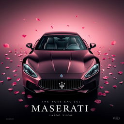 A captivating movie poster showcasing a Maserati Gran Turismo uniquely designed with a half-black and half rose-gold pink exterior