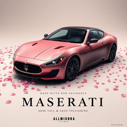 A captivating movie poster showcasing a Maserati Gran Turismo uniquely designed with a half-black and half rose-gold pink exterior