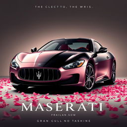 A captivating movie poster showcasing a Maserati Gran Turismo uniquely designed with a half-black and half rose-gold pink exterior