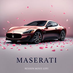 A captivating movie poster showcasing a Maserati Gran Turismo uniquely designed with a half-black and half rose-gold pink exterior