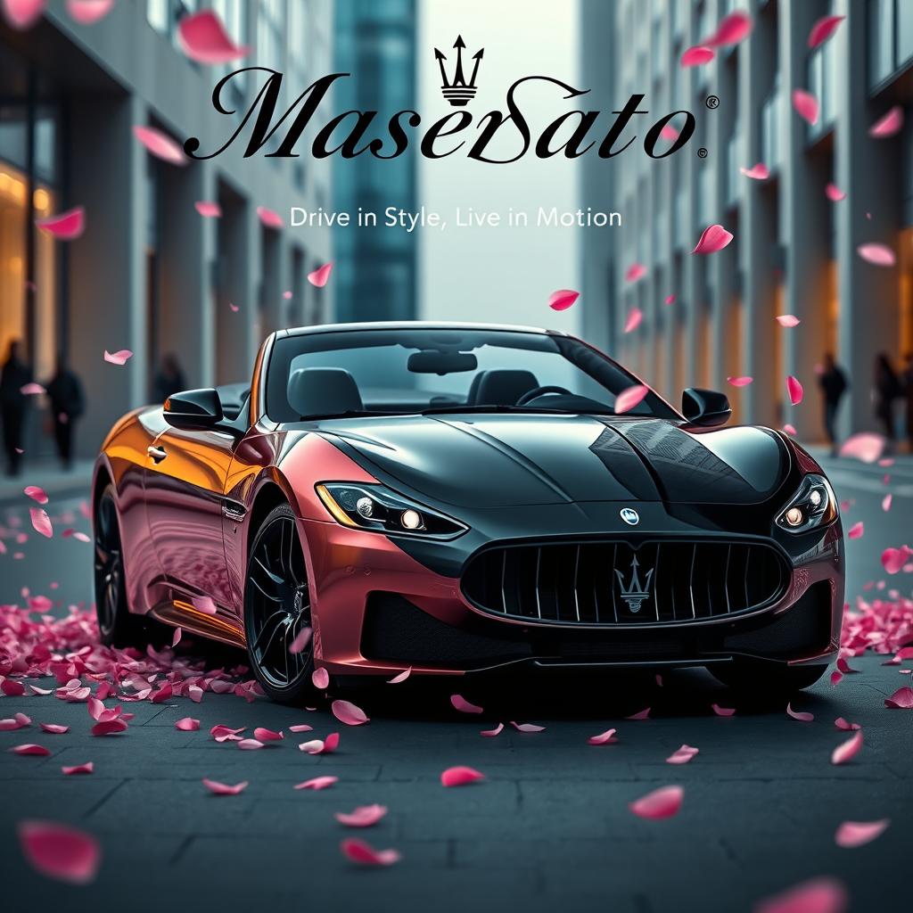 A movie poster featuring a Maserati Gran Turismo, uniquely painted with a dramatic half-black and half-rose gold pink color scheme