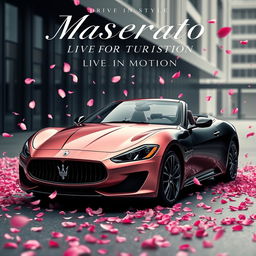 A movie poster featuring a Maserati Gran Turismo, uniquely painted with a dramatic half-black and half-rose gold pink color scheme