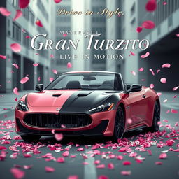 A movie poster featuring a Maserati Gran Turismo, uniquely painted with a dramatic half-black and half-rose gold pink color scheme