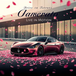 A movie poster featuring a Maserati Gran Turismo, uniquely painted with a dramatic half-black and half-rose gold pink color scheme