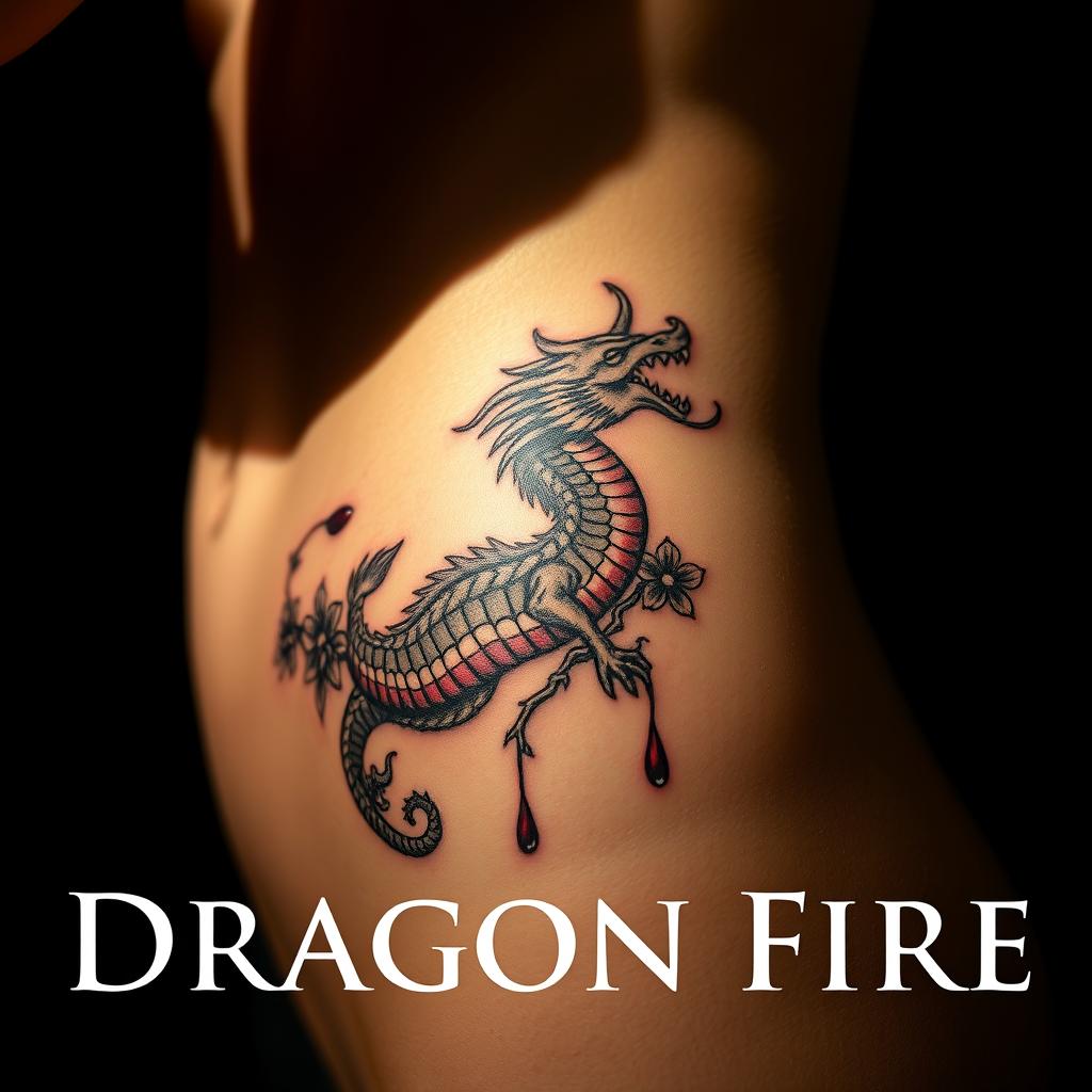 A close-up view of a young woman's bare skin focusing on her stomach and side, showcasing a detailed tattoo of a bleeding dragon intertwined with flowers and thorns