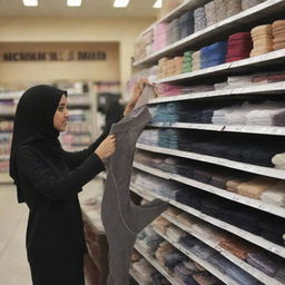 A hijab-wearing woman shopping for stockings in a store