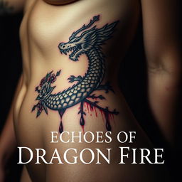 A close-up view of a young woman's bare skin focusing on her stomach and side, showcasing a detailed tattoo of a bleeding dragon intertwined with flowers and thorns