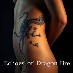 A close-up view of a young woman's bare skin focusing on her stomach and side, showcasing a detailed tattoo of a bleeding dragon intertwined with flowers and thorns