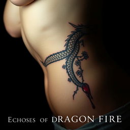 A close-up view of a young woman's bare skin focusing on her stomach and side, showcasing a detailed tattoo of a bleeding dragon intertwined with flowers and thorns