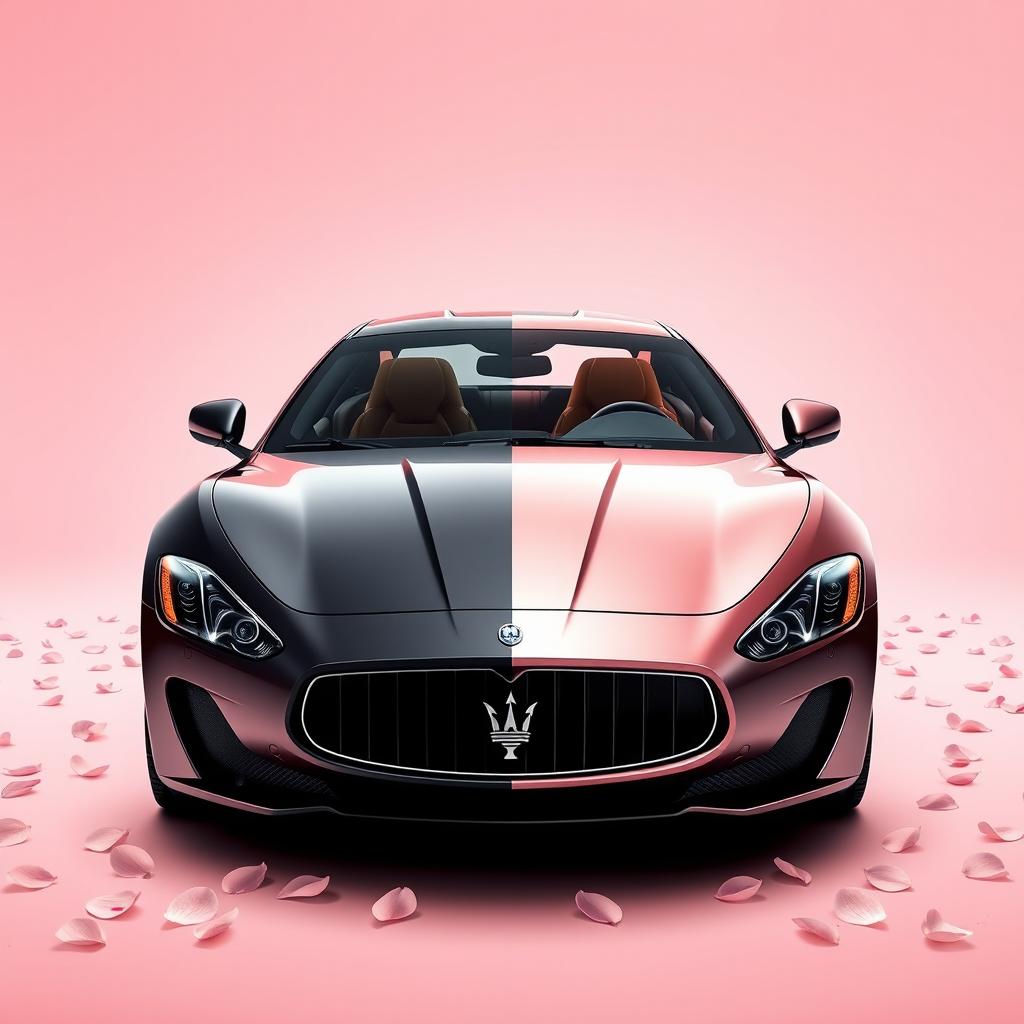 A visually striking movie poster featuring a Maserati Gran Turismo, meticulously divided into two halves: one half with a sleek black finish, the other in an elegant rose gold pink hue