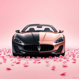 A visually striking movie poster featuring a Maserati Gran Turismo, meticulously divided into two halves: one half with a sleek black finish, the other in an elegant rose gold pink hue