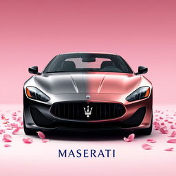 A visually striking movie poster featuring a Maserati Gran Turismo, meticulously divided into two halves: one half with a sleek black finish, the other in an elegant rose gold pink hue