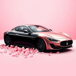 A visually striking movie poster featuring a Maserati Gran Turismo, meticulously divided into two halves: one half with a sleek black finish, the other in an elegant rose gold pink hue