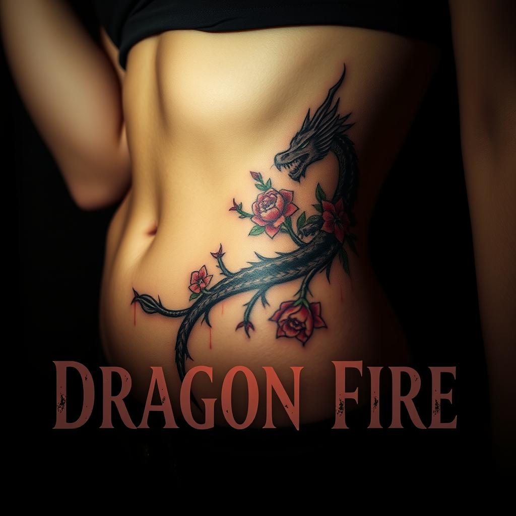 a close-up of a woman's bare skin on her stomach and side, featuring a striking tattoo of a bleeding dragon entwined with flowers and thorns