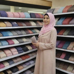 A hijab-wearing woman shopping for stockings in a store