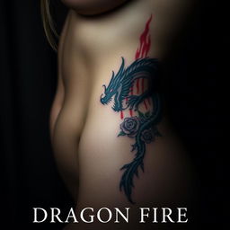 a close-up of a woman's bare skin on her stomach and side, featuring a striking tattoo of a bleeding dragon entwined with flowers and thorns