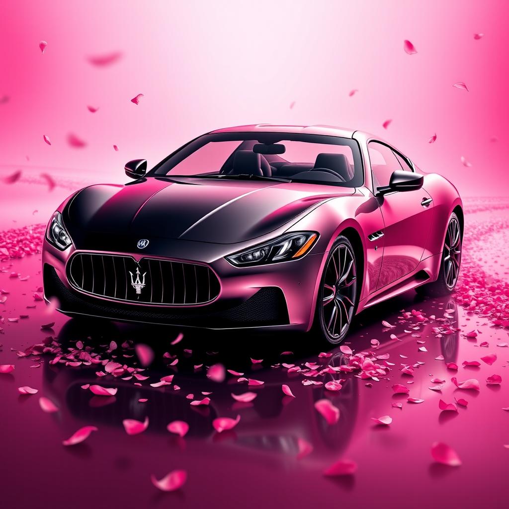 A stunning movie poster featuring a Maserati Gran Turismo with a unique paintwork, split perfectly into half black and half rose gold pink