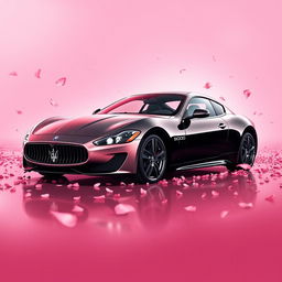 A stunning movie poster featuring a Maserati Gran Turismo with a unique paintwork, split perfectly into half black and half rose gold pink