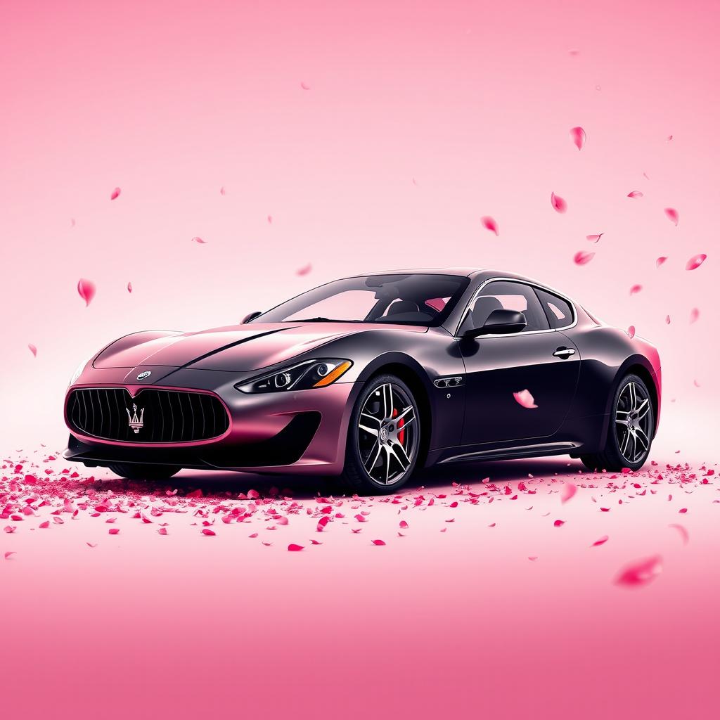 A stunning movie poster featuring a Maserati Gran Turismo with a unique paintwork, split perfectly into half black and half rose gold pink