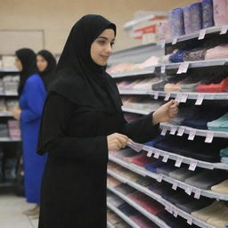 A hijab-wearing woman shopping for stockings in a store