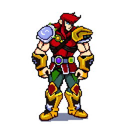 Richter Belmont character in pixel art, standing pose, detailed clothing and features, vibrant color palette, no background