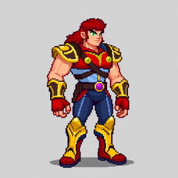 Richter Belmont character in pixel art, standing pose, detailed clothing and features, vibrant color palette, no background