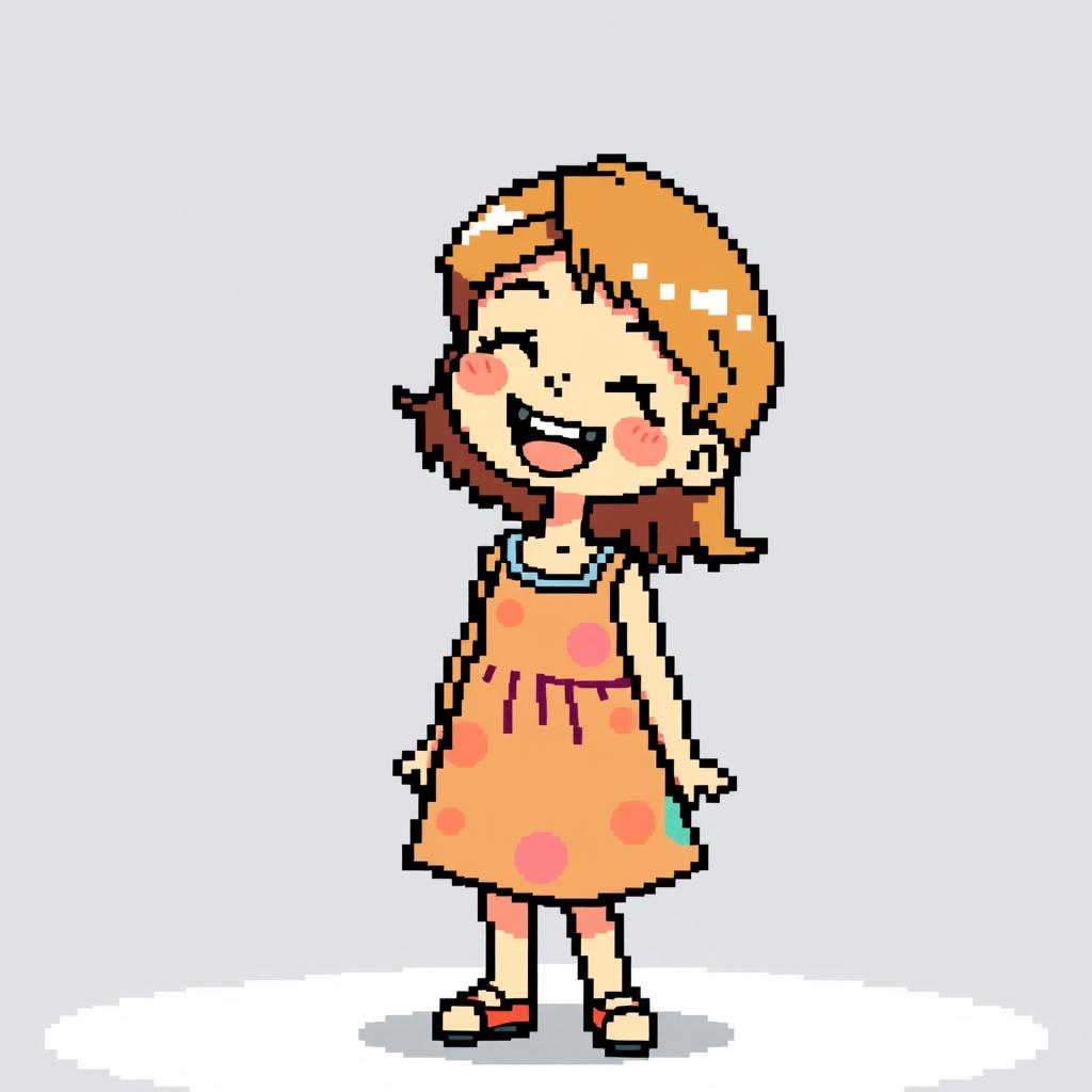 Young girl in pixel art, joyful expression, wearing a cute dress with vibrant colors, simple hairstyle, no background