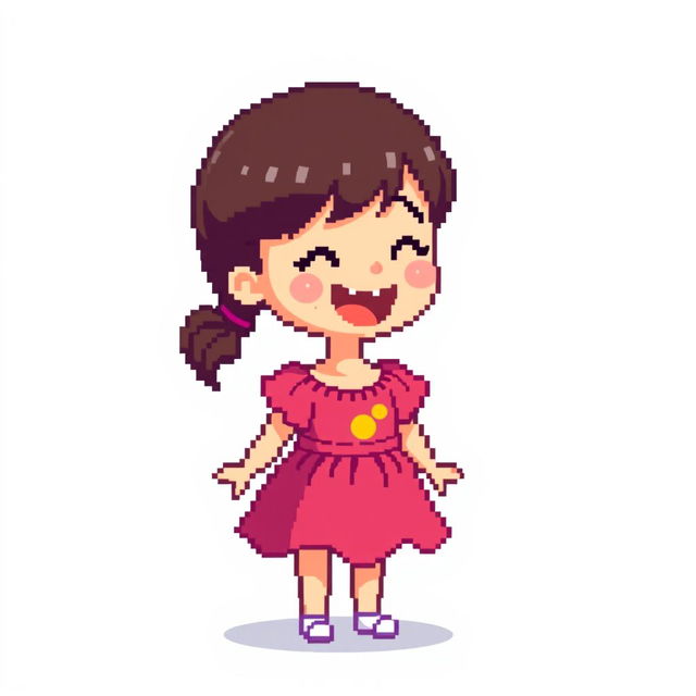 Young girl in pixel art, joyful expression, wearing a cute dress with vibrant colors, simple hairstyle, no background