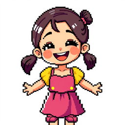 Young girl in pixel art, joyful expression, wearing a cute dress with vibrant colors, simple hairstyle, no background