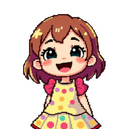 Young girl in pixel art, joyful expression, wearing a cute dress with vibrant colors, simple hairstyle, no background