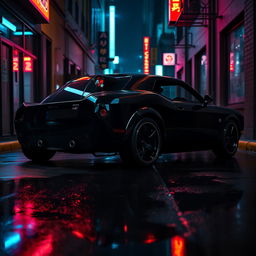 A sinister-looking black muscle car parked in a dimly lit urban alley