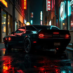 A sinister-looking black muscle car parked in a dimly lit urban alley