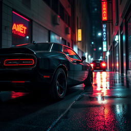 A sinister-looking black muscle car parked in a dimly lit urban alley