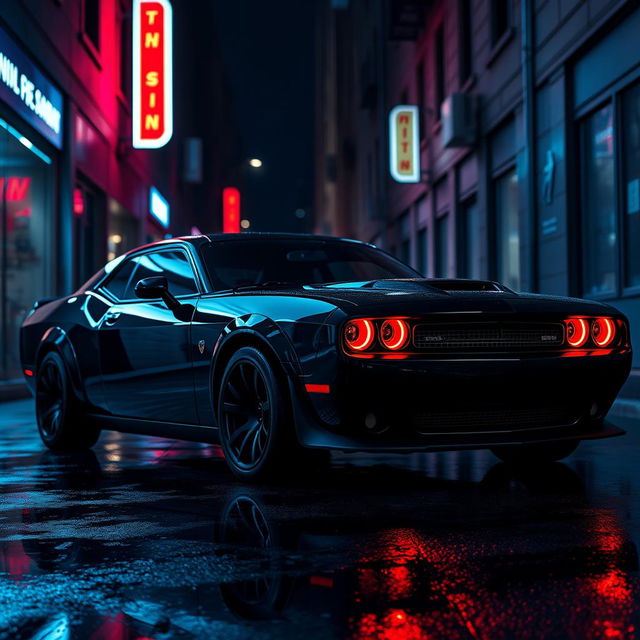 A sinister-looking black muscle car parked in a dimly lit urban alley