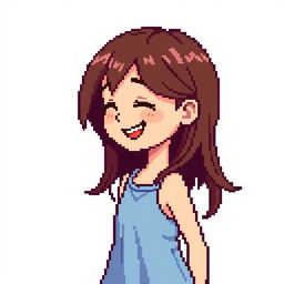 Young girl in profile in pixel art, brunette hair, joyful expression, wearing a simple dress, vibrant colors, no background